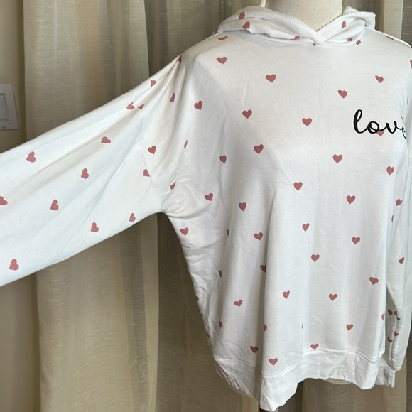 Marled Sz M Soft Cotton Hoodie Lounge sweater Cream with Hearts Love - Picture 5 of 9